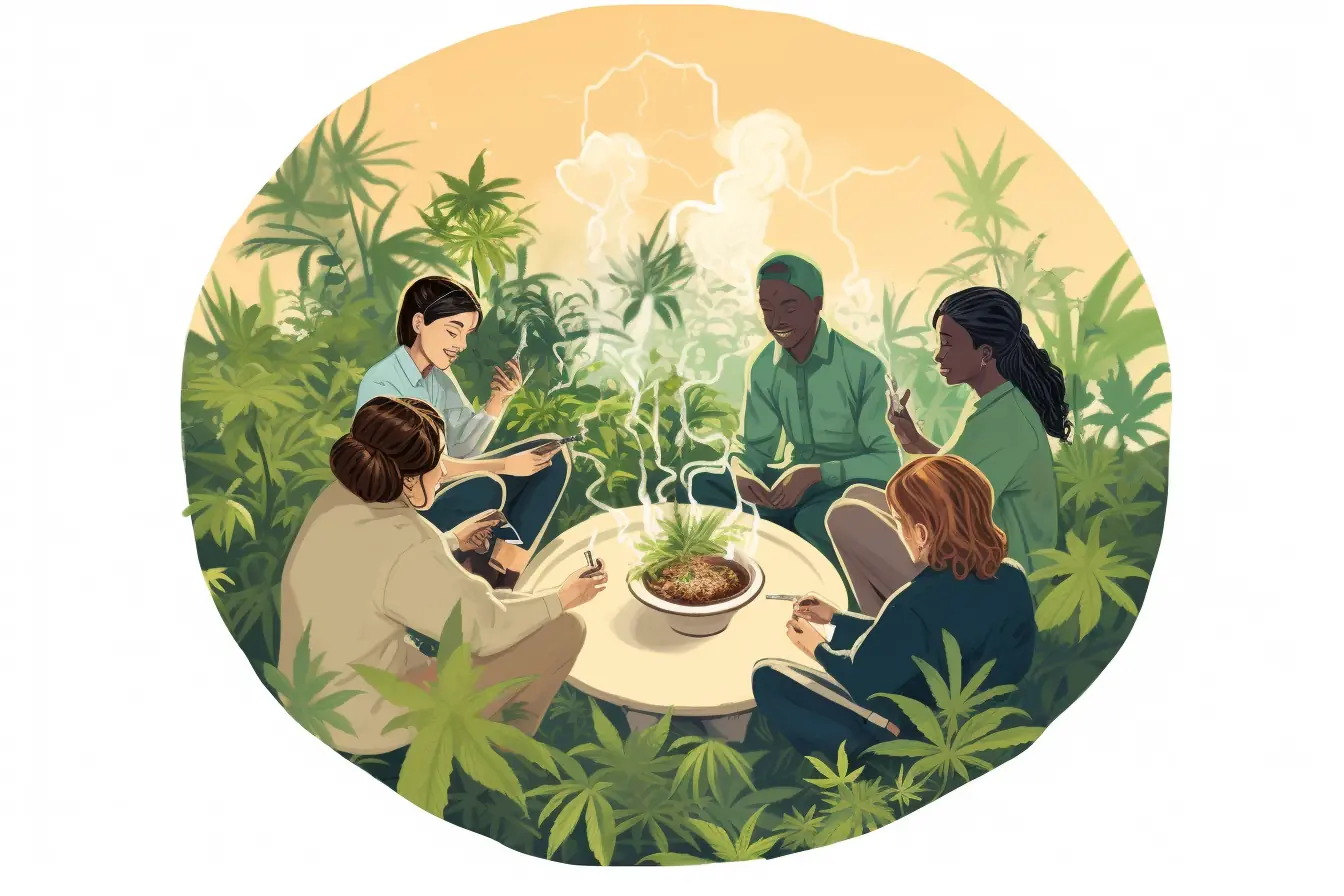 Eine Gruppe von Menschen raucht gemeinsam Cannabis-Zigaretten im Kreis In Fürth gibt es einen Cannabis Social Club, wo sich Menschen um einen Kreis aus Marihuanablättern treffen.