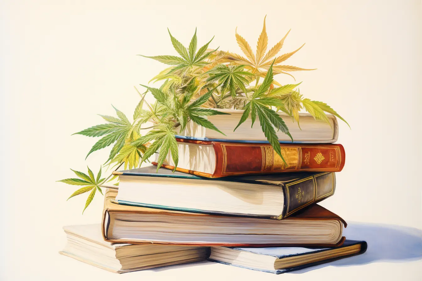 Ein Stapel Bücher und Cannabisblätter in sanften Farben Einige Cannabisblätter zieren einen Stapel Bücher, die aufeinander liegen.